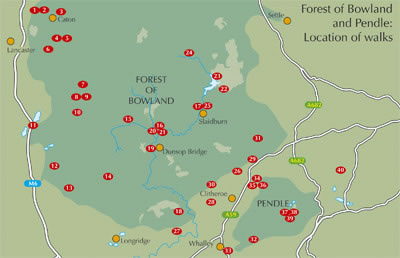 Walking in the Forest of Bowland and Pendle  - Overview Map