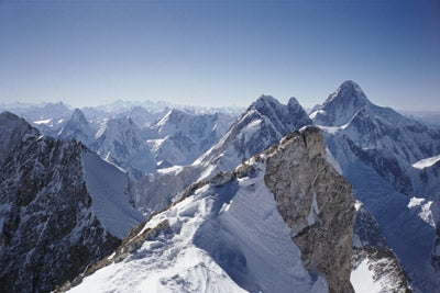 8000 metres - Route Photos - The summit eyrie of Gasherbrum II, 29 July 1996. Broad Peak and K2 behind.