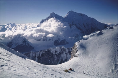 8000 metres - Route Photos - Tents on the Makalu La at 7500m, on the 1988 Doug Scott-led expedition, with Lhotse, the South Col and Everest behind.