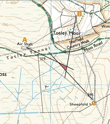 Map and Compass - Route Photos - You should try to choose three locations (A, B, C) to sight to which, when joined by three lines (in grey), place you somewhere inside the resulting triangle