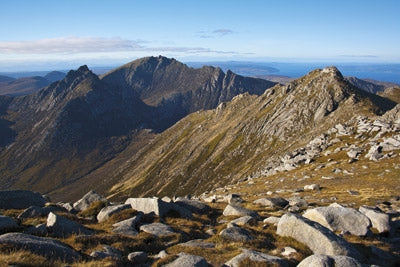 Great Mountain Days in Scotland - Route Photos - View northeast from Goatfell.  Left to right: Cir Mhor, Caisteal Abhail, the deep notch  of the Witch’s Step and North Goatfell (Walk 45)
