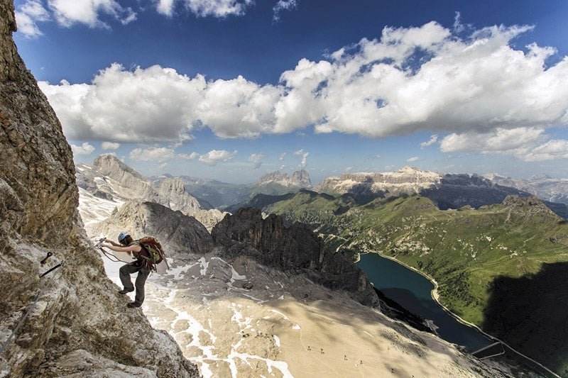 Via Ferratas of the Italian Dolomites Volume 1 - Route Photos - Superb views over to Sassolungo, the Sella and Lago di Fedaia (Route 14)
