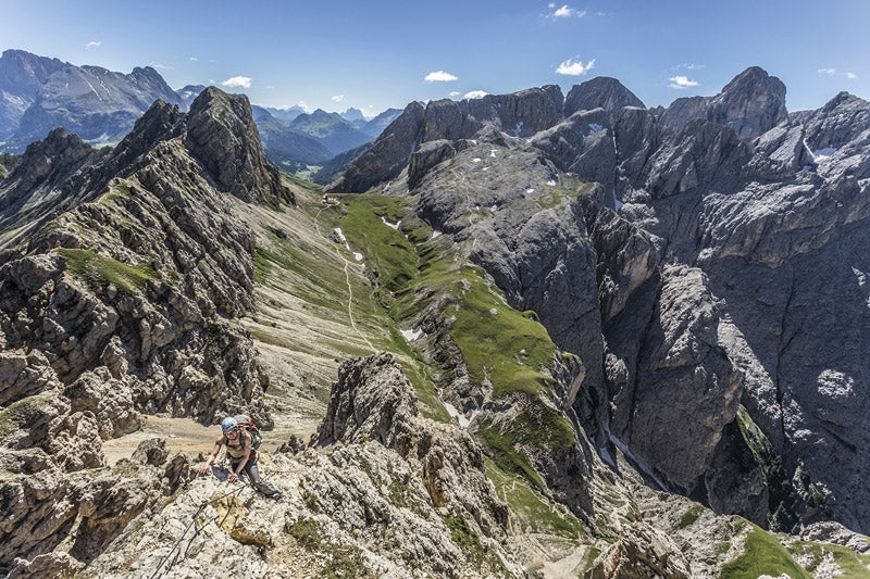 Via Ferratas of the Italian Dolomites Volume 1 - Route Photos - On the final section of Sentiero Massimiliano with Rifugio Alpe di Tires visible in the bottom of the valley (Route 1)