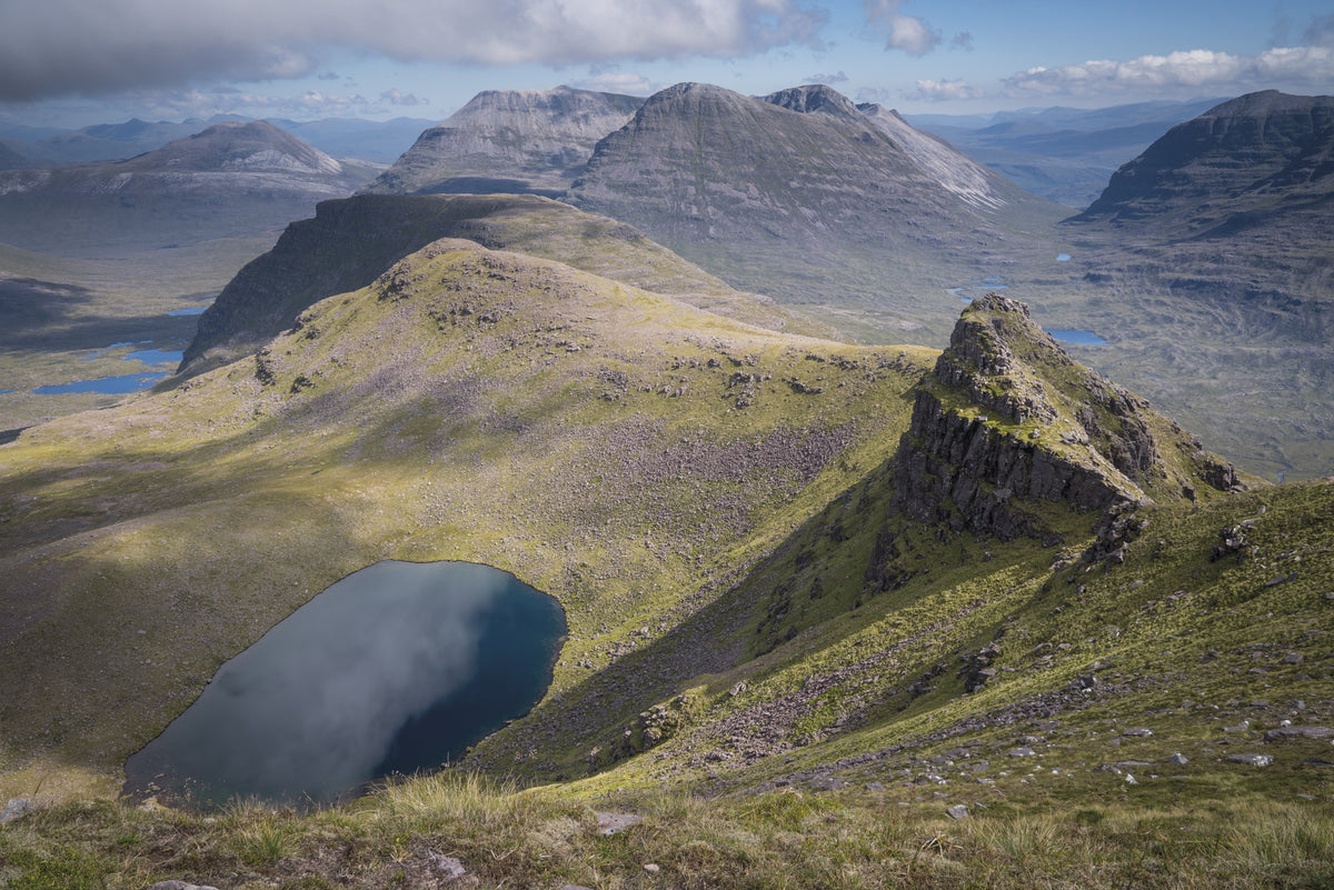 Scottish Wild Country Backpacking - Route Photos - Looking back along Beinn Dearg to Beinn Eighe, with ‘the castle’ on the right (Route 20)