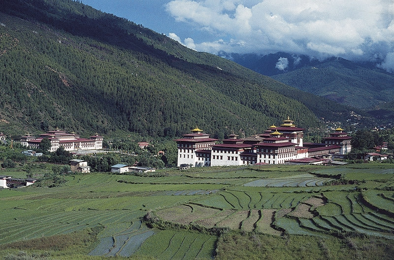 Trekking in Bhutan - Route Photos - Thimphu, with the SAARC building (L) and Tashi Tshodzong (R) (Trek 7, Day 5)