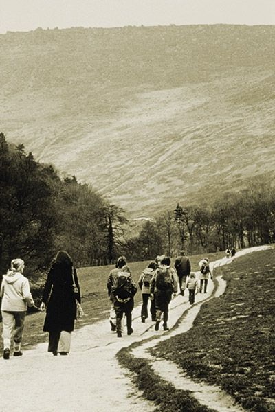 The Pennine Way - the Path, the People, the Journey - Route Photos - The eroded start of the Pennine Way across Grindsbrook Meadows, Edale, in the 1970s. (photo: Peak District National Park Authority)