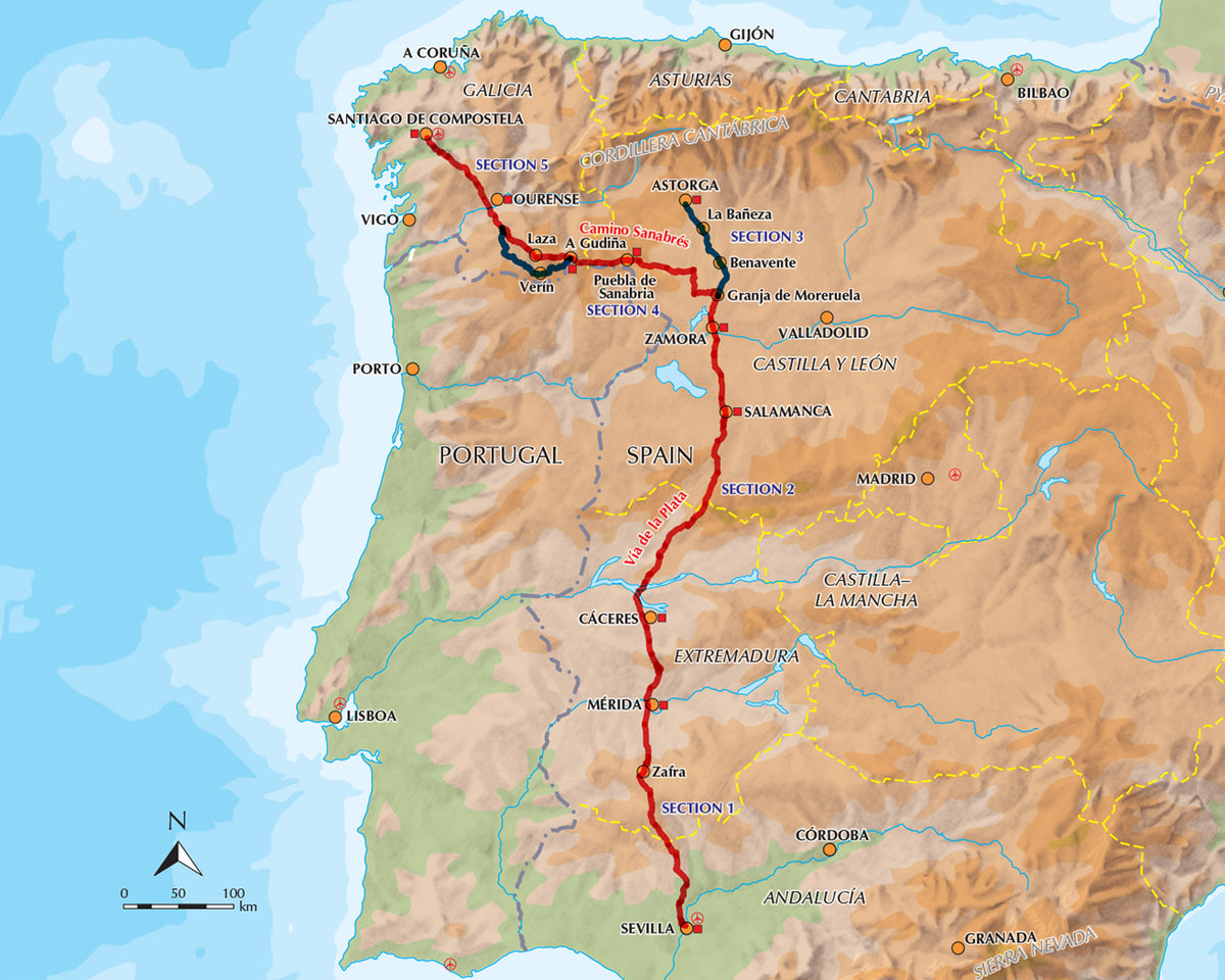 Walking La Via de la Plata and Camino Sanabres - Overview Map