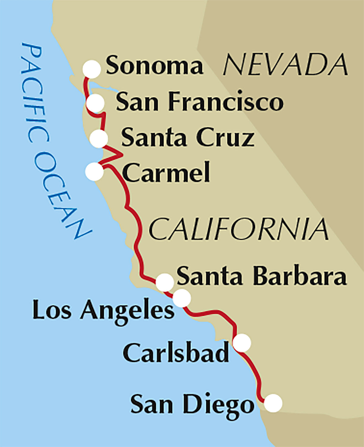 Hiking and Cycling the California Missions Trail - Location Map