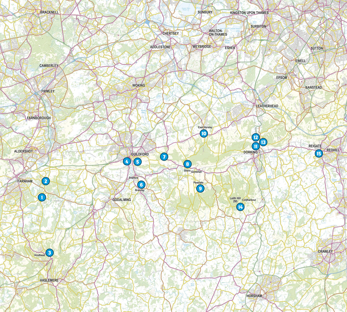 Short Walks in the Surrey Hills - Overview Map