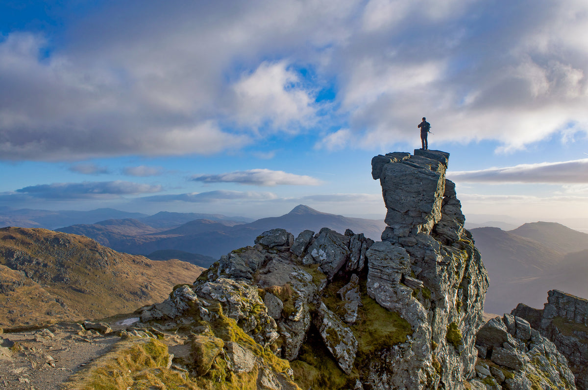Not the West Highland Way: A Mountain High Way - Route Photos - The summit of the Cobbler, with Ben Lomond seen in the distant view on the left (Route 18)
