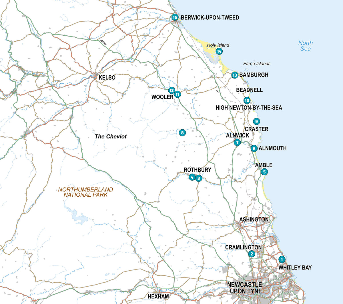 Short Walks in Northumberland: Wooler, Rothbury, Alnwick and the coast - Overview Map