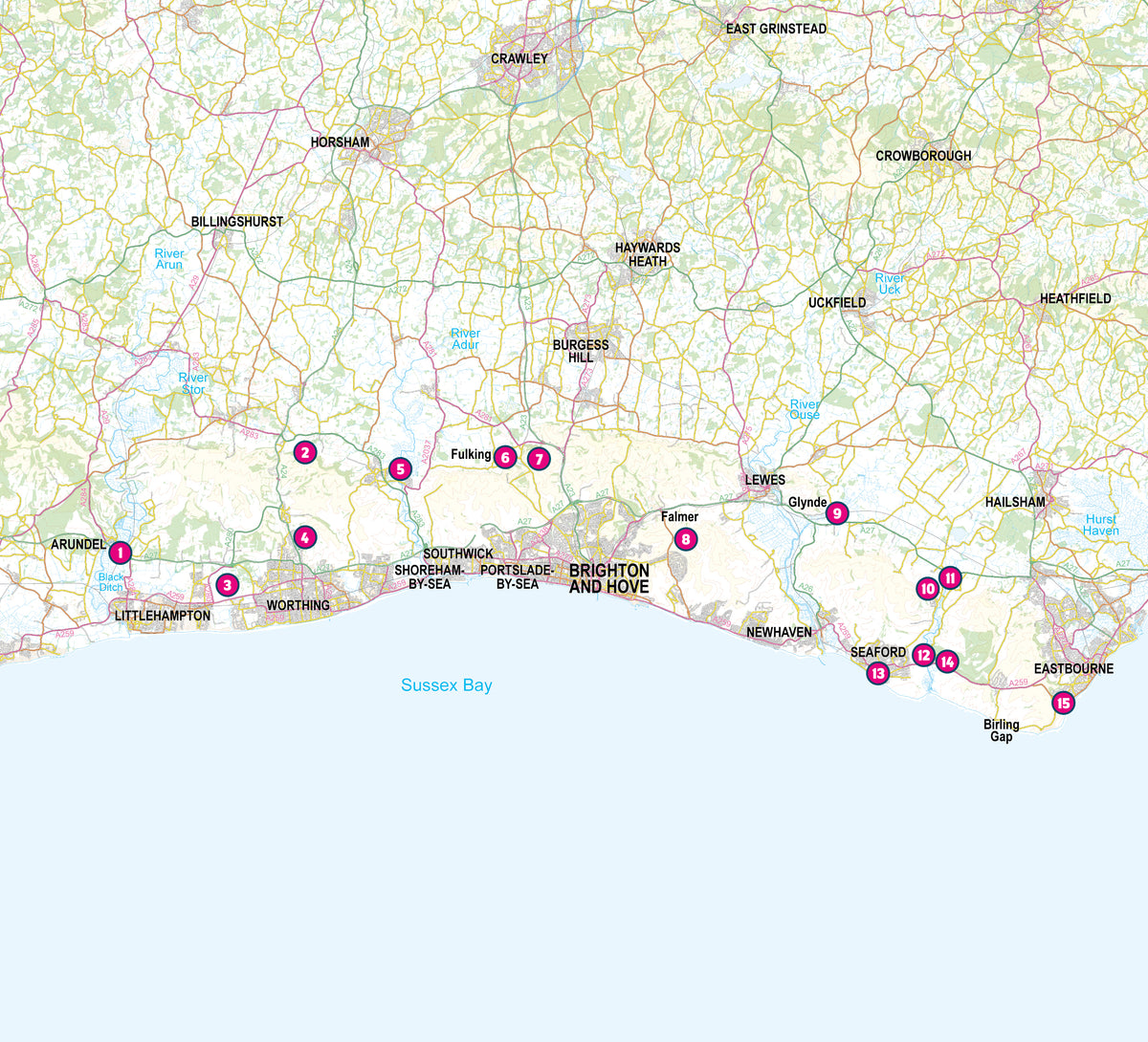 Short Walks in the South Downs: Brighton, Eastbourne and Arundel - Overview Map