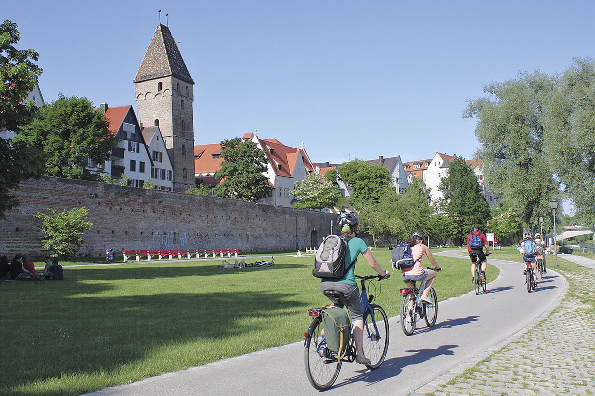 The Danube Cycleway Volume 1 - Route Photos - The route passes between Ulm city walls and Metzgerturm tower on one side and the Danube on the other (Stage 7)
