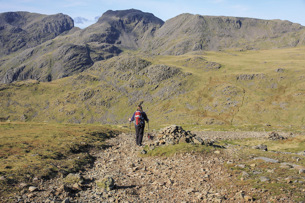 Lake District: High Level and Fell Walks - Route Photos - Descending from Bow Fell with the Scafells in the background (Walk 19)