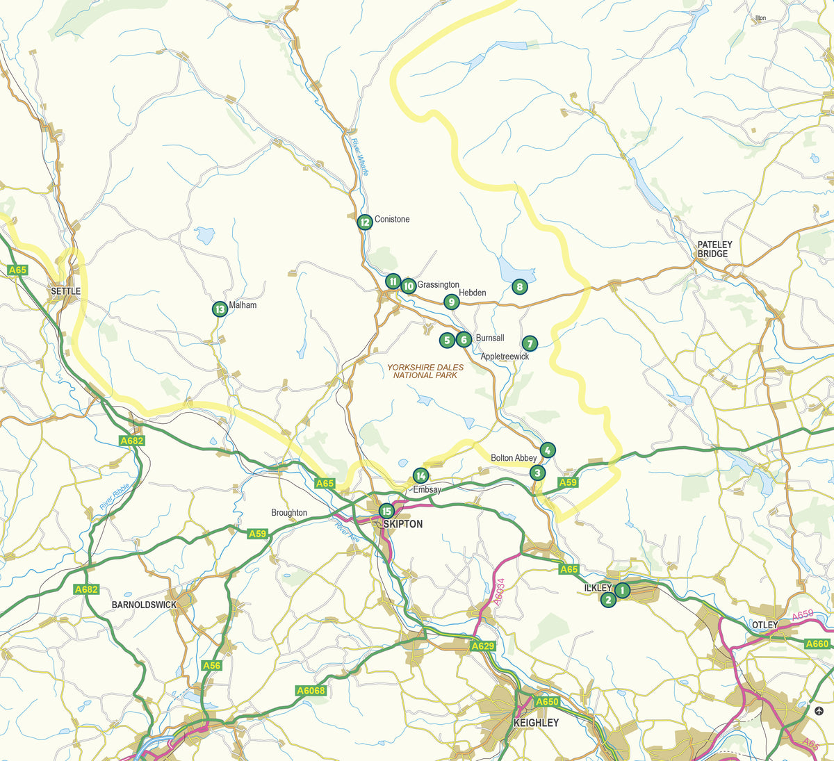 15 Short Walks in the Yorkshire Dales - Grassington, Skipton, Malham and Ilkley - Overview Map