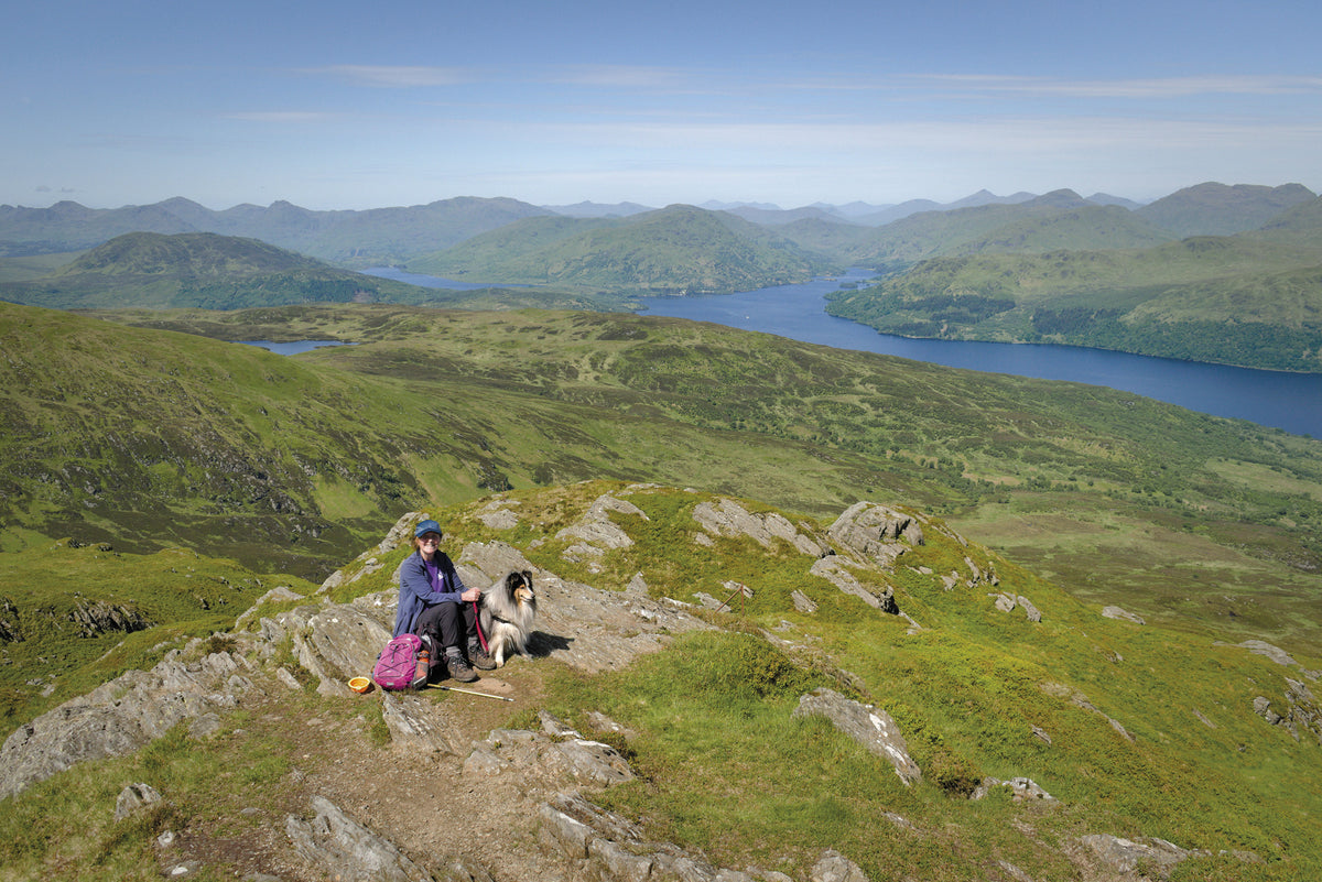 15 Short Walks in the Trossachs - Callander and Aberfoyle - Route Photos - A walker and her dog at the summit of Ben Venue