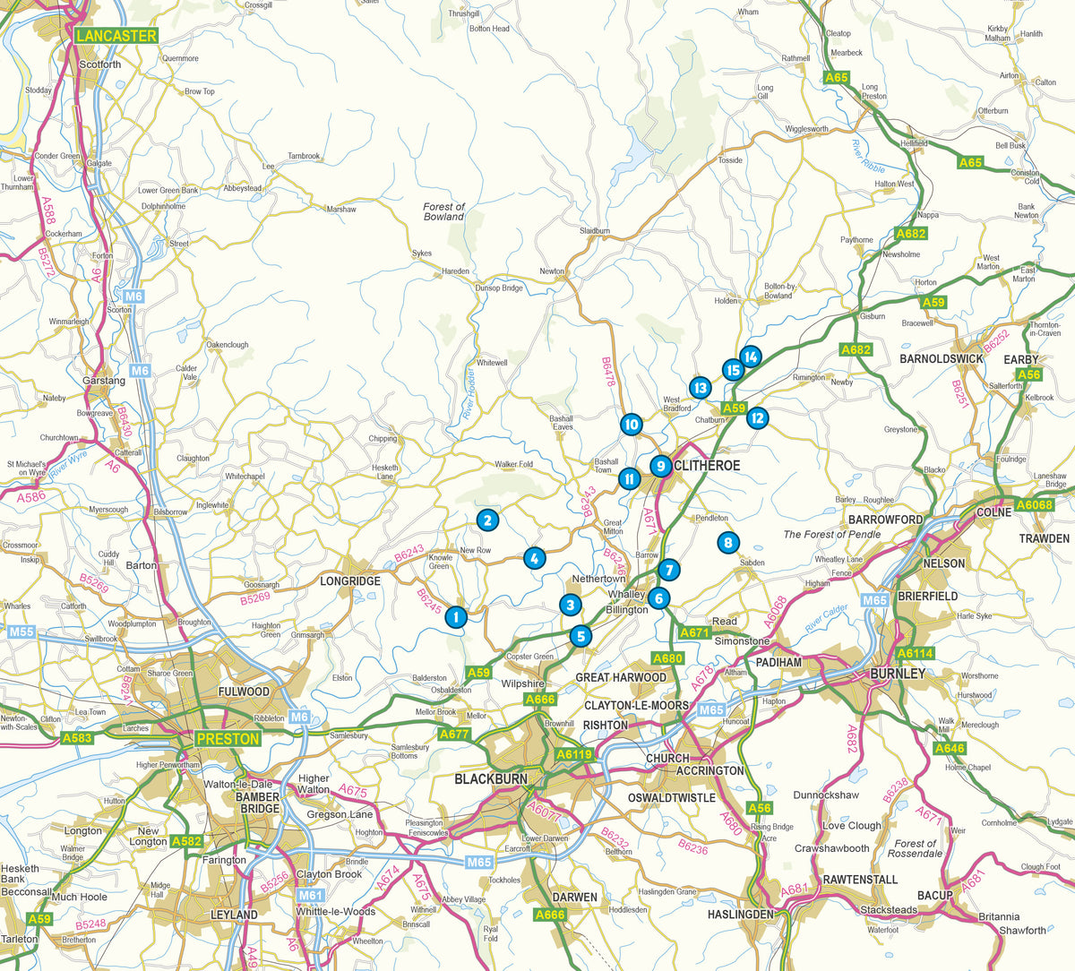 15 Short Walks in the Ribble Valley - Overview Map