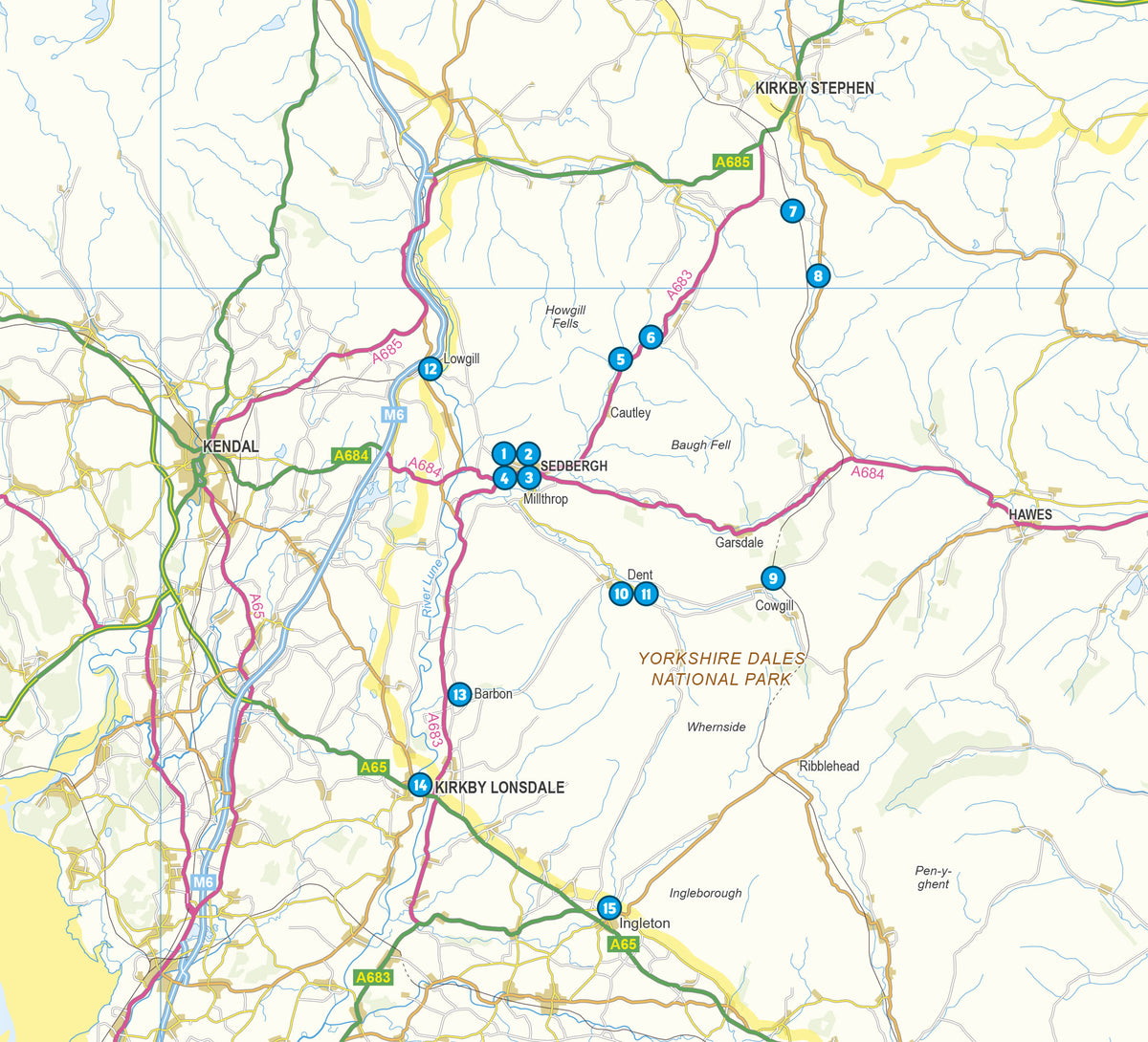 15 Short Walks in the Yorkshire Dales - Sedbergh, Kirkby Lonsdale and Ingleton - Overview Map