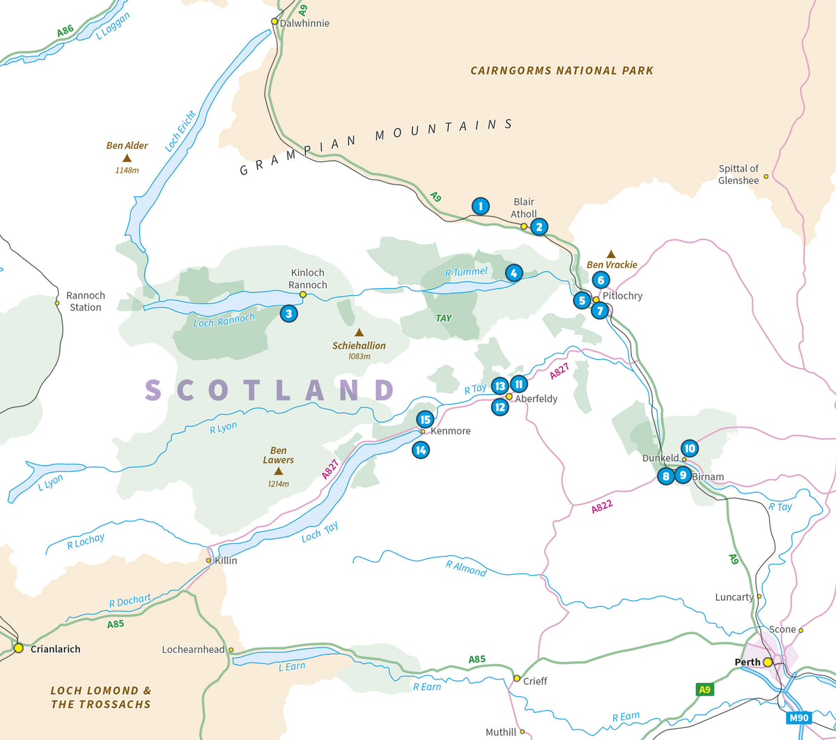 15 Short Walks in Perthshire North - Pitlochry, Aberfeldy and Dunkeld - Overview Map
