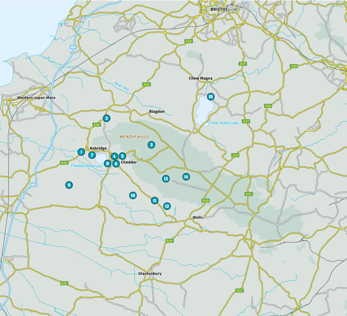 15 Short Walks Cheddar and the Mendips - Overview Map