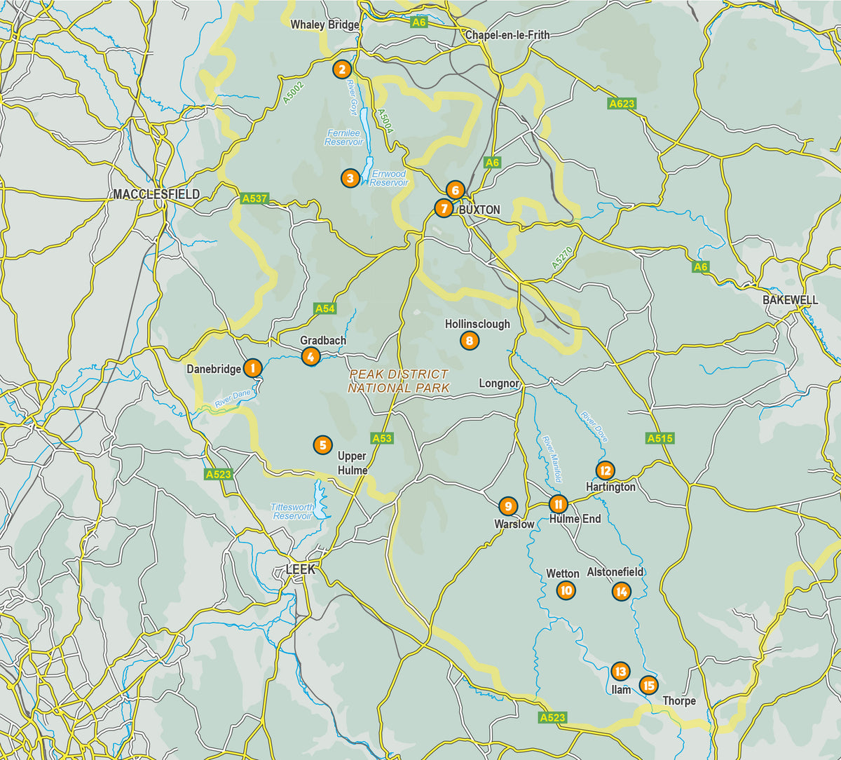 15 Short Walks in the Peak District - Buxton, Dove Dale and the South West Peak - Overview Map