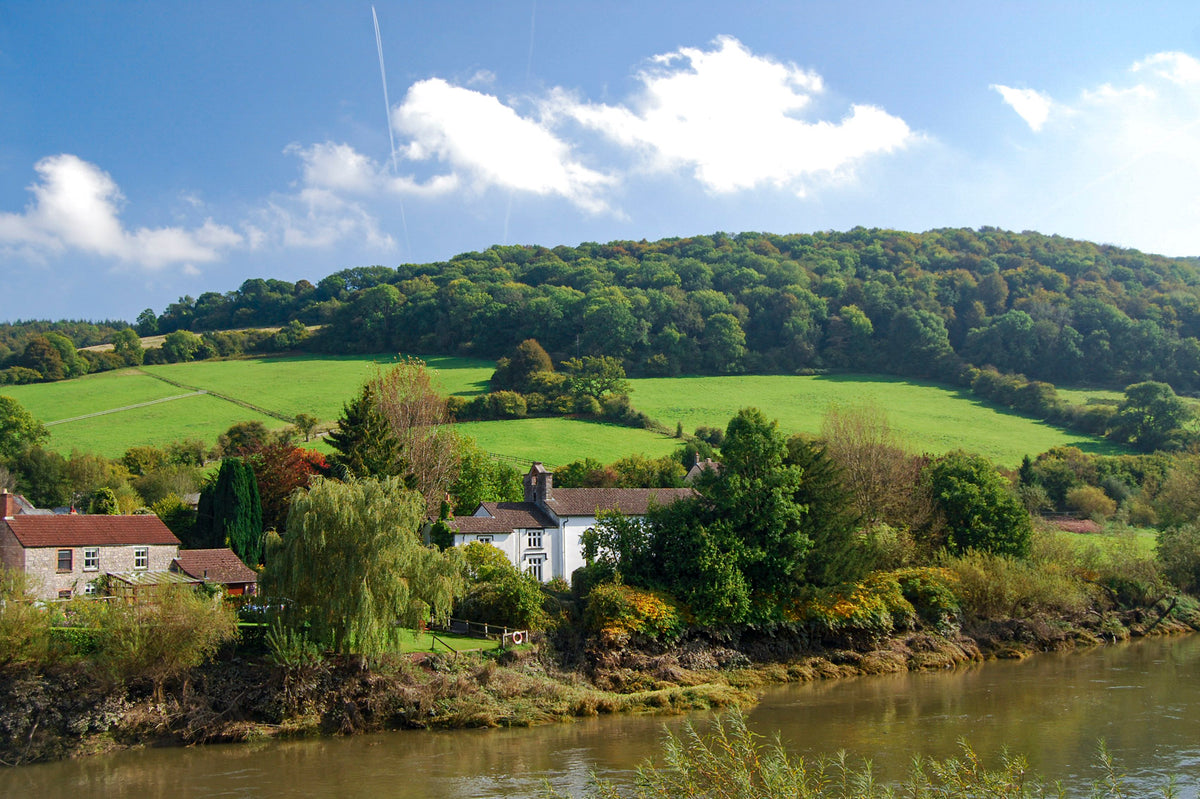 15 Short Walks in the Forest of Dean - Route Photos - Brockweir’s Moravian Church, looking to Caswell Wood and Madgett’s Hill