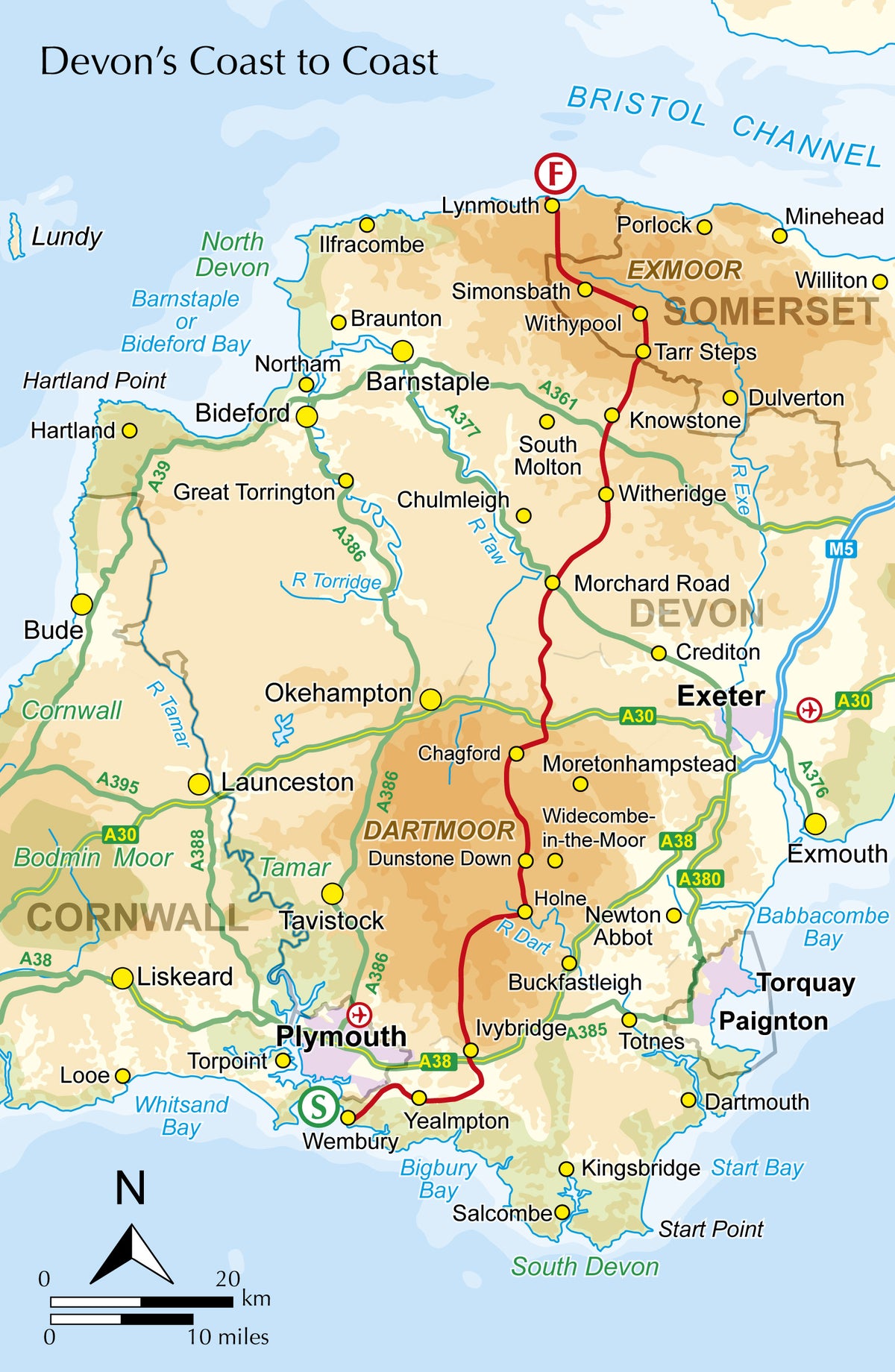 The Two Moors Way Trail Map - Overview Map